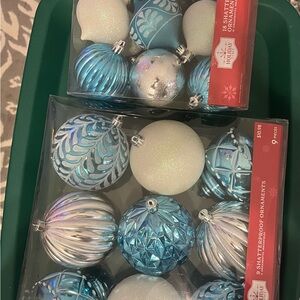 NIB Holiday Time turquoise, white and Silver Shatterproof Ornaments